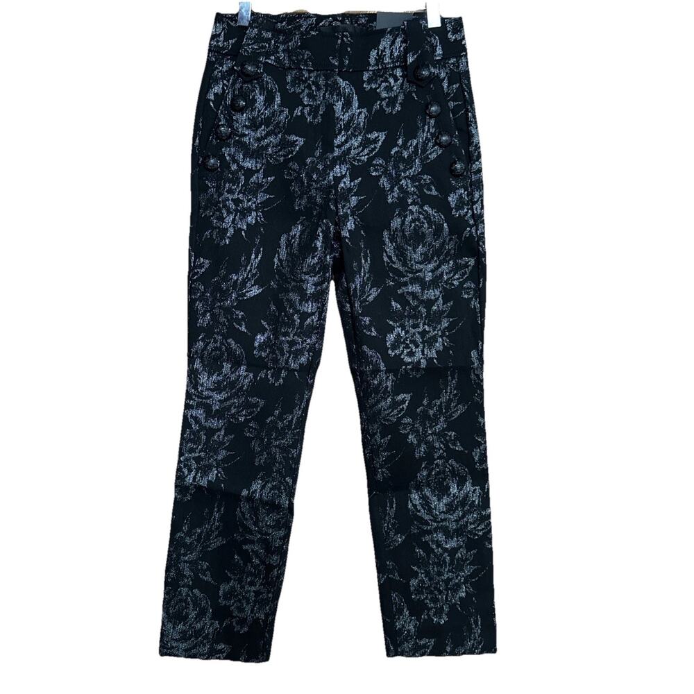 NWT White House Black Market Sz 4R Silver Floral Print Jacquard Slim Ankle Pants